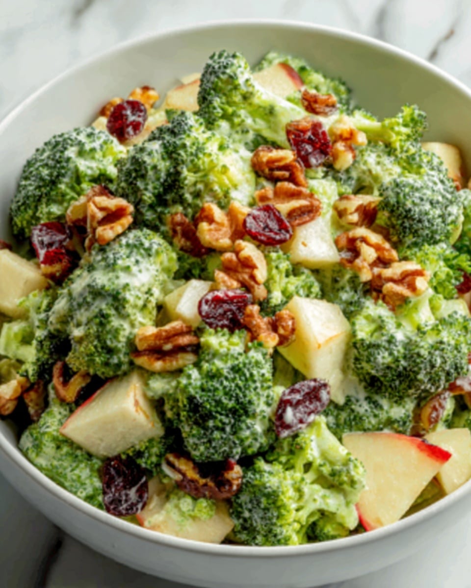 The image shows a fresh broccoli salad in a white bowl sitting on a white marbled surface. The salad has bright green broccoli florets as the main layer, mixed with small chunks of light yellow apples with red skin. Scattered on top are crunchy brown nuts and dried dark red cranberries, adding texture and color contrast. The mixture looks creamy, with a light white dressing coated evenly over the broccoli. The photo taken with an iphone --ar 4:5 --v 7