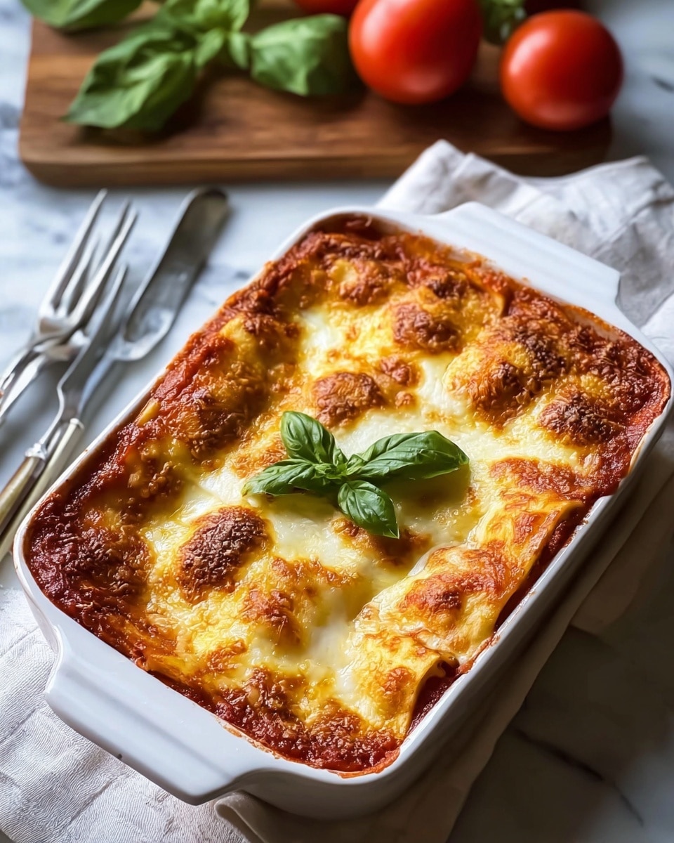 A white rectangular baking dish holds a baked lasagna with visible layers of rich red tomato sauce at the bottom, topped by a golden-brown melted cheese layer forming crispy peaks. Large, bubbled patches of browned cheese cover the top unevenly, and a fresh green basil leaf sits in the center for decoration. The dish is placed on a white marbled textured surface with a striped cloth underneath, and blurred tomatoes and green basil leaves are in the background. Photo taken with an iphone --ar 4:5 --v 7