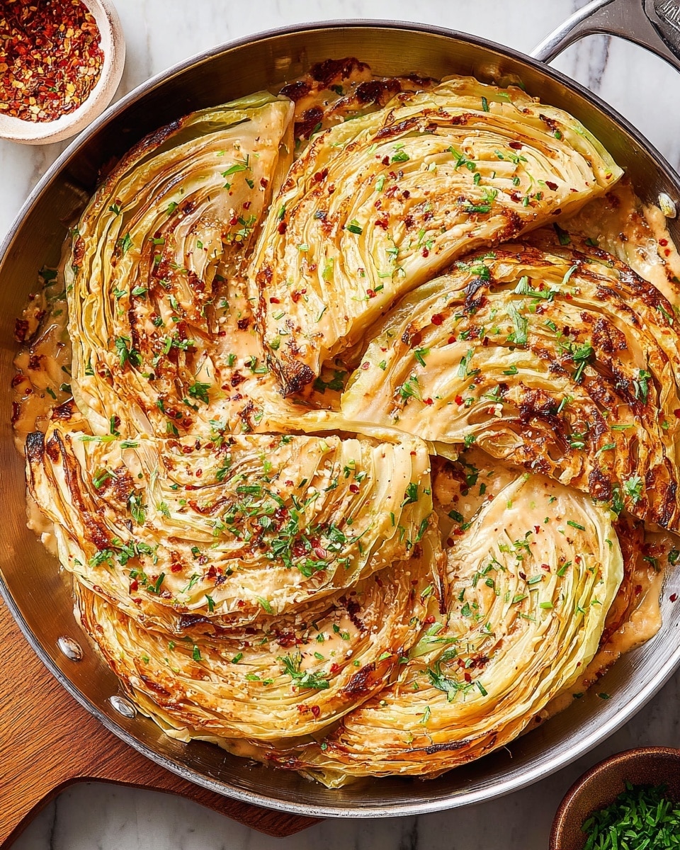 The image shows a black skillet filled with four thick wedges of cooked cabbage, each wedge made up of multiple layers ranging from pale yellow to light brown with charred edges. The cabbage pieces sit in a creamy, light orange sauce speckled with small red chili flakes and grated cheese. Fresh green parsley is sprinkled over the top, adding a pop of color. The skillet rests on a white marbled surface with small dishes and wooden utensils partially visible. Photo taken with an iphone --ar 4:5 --v 7