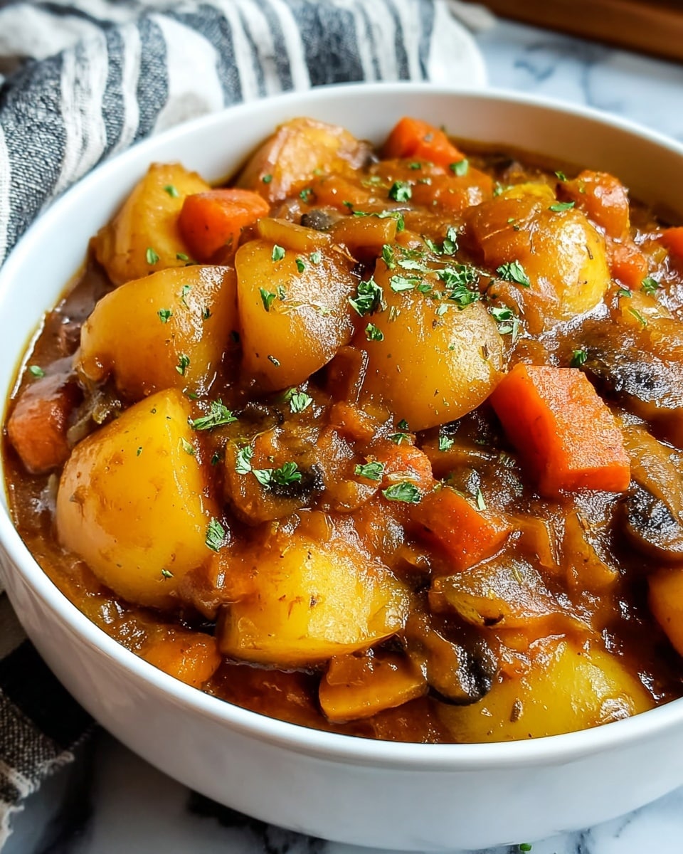 A close-up view of a bowl filled with thick vegetable stew, showing chunky pieces of yellow potatoes, orange carrots, and brown mushrooms in a rich brown sauce. The vegetables are well-coated in the sauce and sprinkled with small bits of fresh green herbs on top. The bowl is white and sits on a white marbled surface, with a soft light highlighting the glossy texture of the stew. The vegetables are cut into uneven but bite-sized chunks, layered evenly in the bowl, with the sauce filling all spaces around them to create a warm, hearty look. photo taken with an iphone --ar 4:5 --v 7