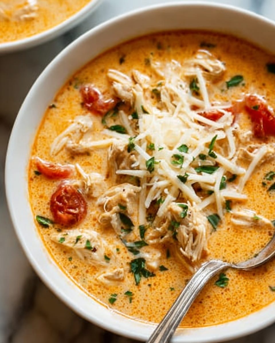 A close-up view of a white bowl filled with creamy orange soup that has chunks of white chicken and pieces of tomato. The soup is topped with shredded white cheese and small green herb leaves sprinkled all over. A metal spoon is placed inside the bowl on the right side. The bowl sits on a white marbled surface with soft lighting. Photo taken with an iphone --ar 4:5 --v 7