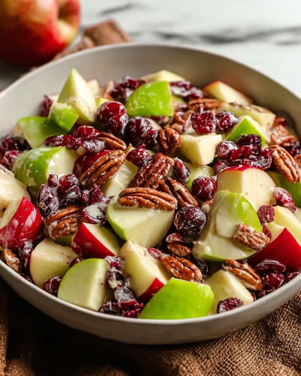 A white bowl filled with a fresh fruit nut salad, showing three main layers: the bottom layer has bright green and red apple chunks with shiny skin and crisp texture; the middle layer contains shiny red grapes evenly scattered; the top layer is made of whole and halved pecans with a rich brown color and rough texture, lightly drizzled with creamy dressing measuring its glossy texture. The bowl rests on a white marbled surface. photo taken with an iphone --ar 4:5 --v 7