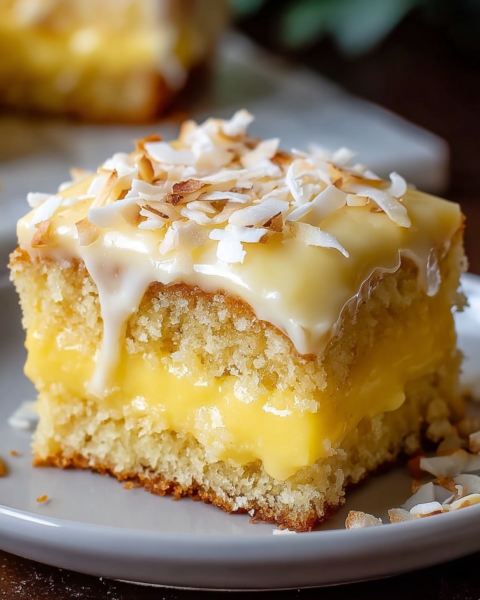 A close-up image of a two-layer yellow cake slice on a white plate, showing a soft and moist texture. The bottom layer is light yellow and crumbly, topped with a creamy pale yellow frosting layer in the middle. The top cake layer is similar in color and texture, with a thick coating of glossy, creamy off-white icing dripping slightly over the edges. The icing is decorated with white coconut flakes scattered on top. The background is out of focus with a warm, cozy feel and the plate rests on a white marbled surface. photo taken with an iphone --ar 4:5 --v 7