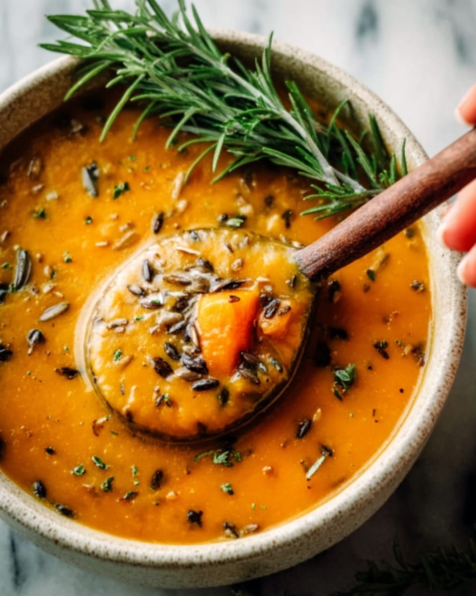 A close-up image of a creamy orange soup in a white bowl with visible pumpkin seeds sprinkled on top, a chunk of soft orange pumpkin sitting in the soup, and a sprig of fresh rosemary placed on the side inside the bowl; a wooden spoon, held by a woman’s hand, is lifting part of the soup with pumpkin and seeds; the background is a white marbled texture. photo taken with an iphone --ar 4:5 --v 7