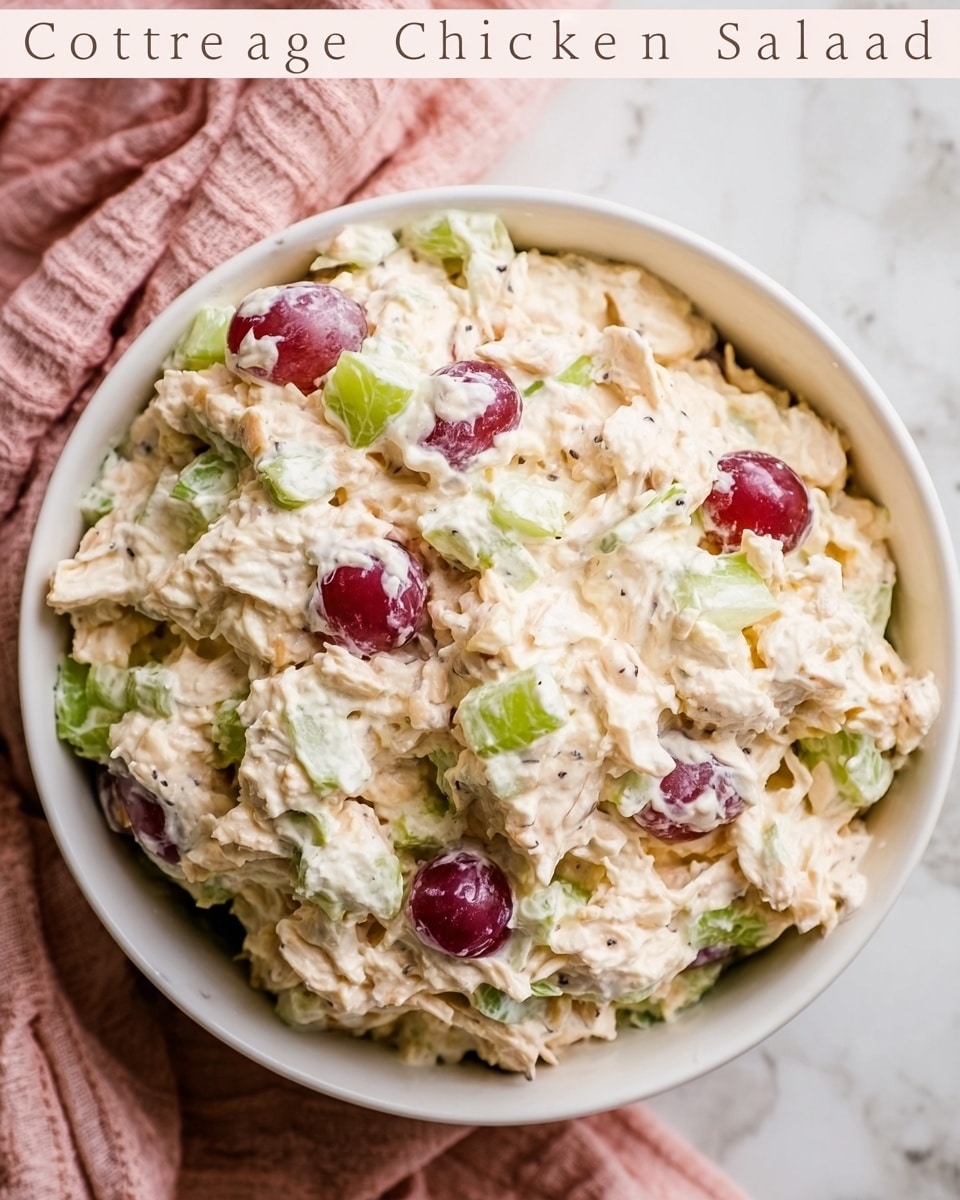 A white bowl filled with cottage cheese chicken salad, showing shredded chicken mixed with creamy, pale orange cottage cheese. There are small, pale green celery pieces and a few bright red grape halves scattered throughout the salad, adding color contrast and texture. The salad looks thick and slightly chunky with bits of different ingredients visible. The bowl rests on a soft pink cloth, all set on a white marbled surface. photo taken with an iphone --ar 4:5 --v 7