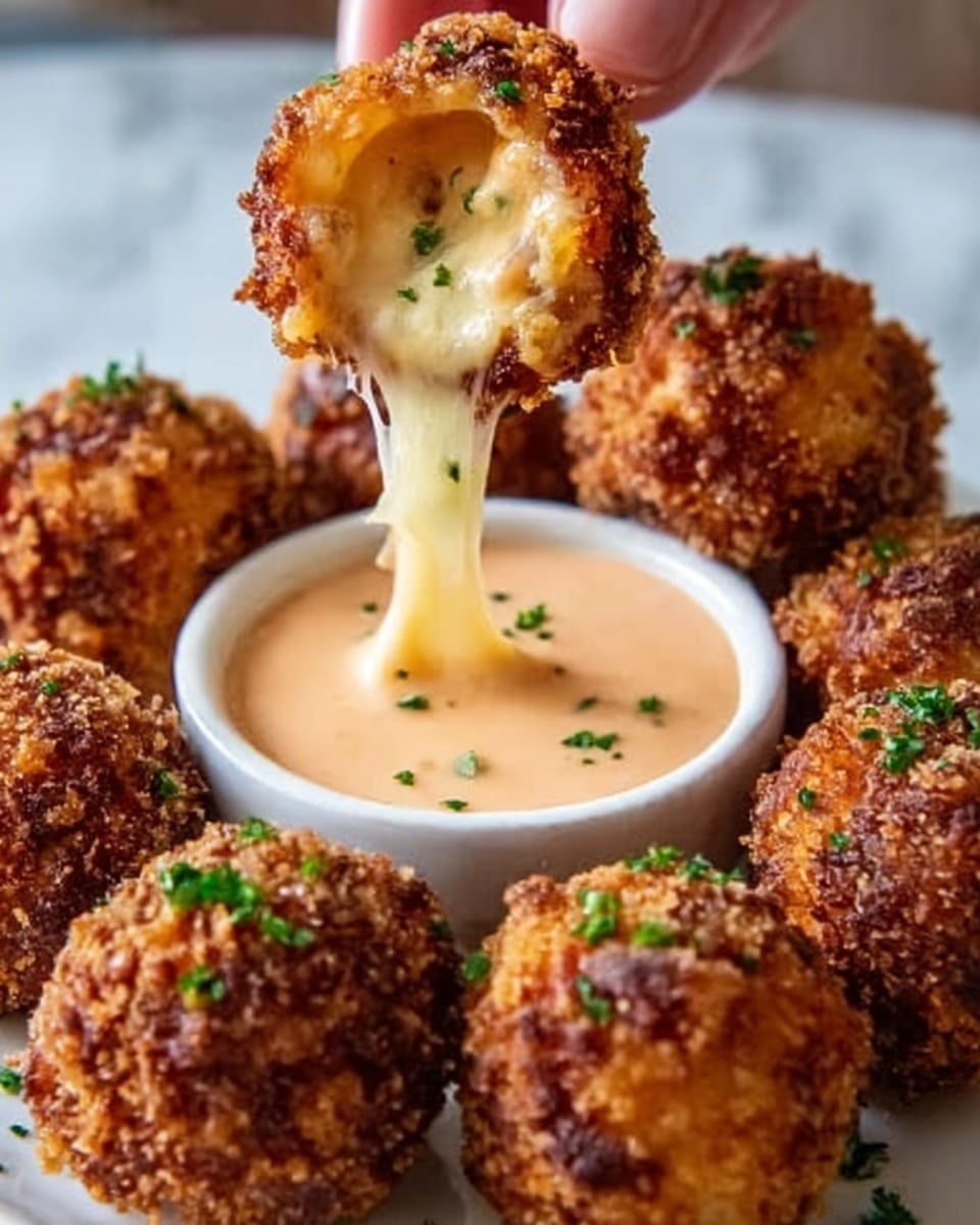 The image shows several round, crispy golden-brown fried balls placed around a small white bowl filled with orange dipping sauce. One ball is held above the bowl by a woman's hand, showing a gooey, melted cheese filling with bits of ham or bacon inside, stretching down into the sauce. Each ball is topped with melted cheese and small bits of green herbs. The background is a white marbled surface. Photo taken with an iphone --ar 4:5 --v 7
