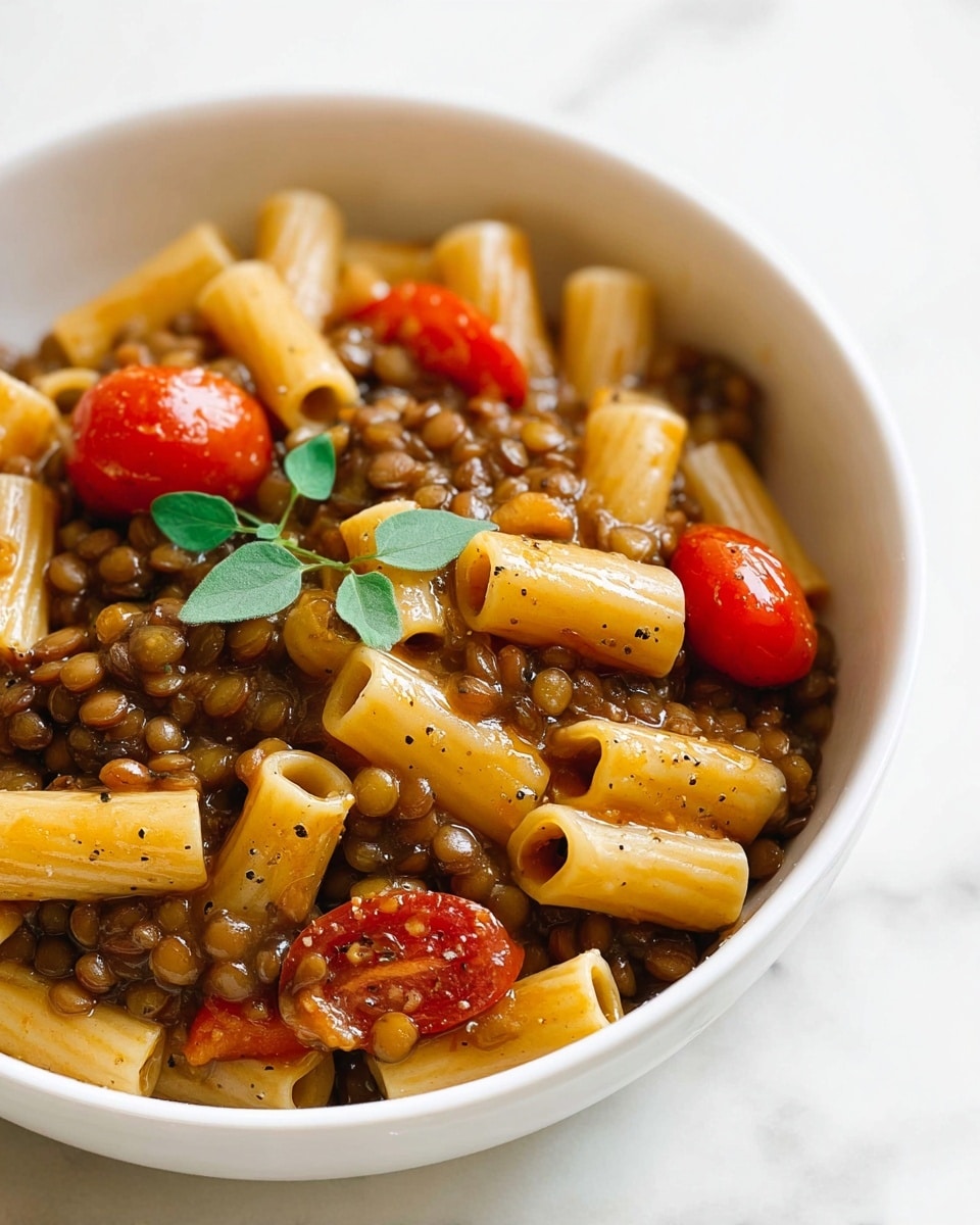The dish is served in a white bowl filled with a thick mixture of small tube pasta, lentils, and cherry tomatoes. The pasta is light yellow and smooth, mixing evenly with the soft, brown lentils. A few bright red cherry tomatoes add color among the mostly brown and yellow ingredients. Fresh green herb leaves are scattered on top, adding a fresh look. The sauce is slightly shiny and coats the pasta and lentils well, making the dish look warm and hearty. The bowl rests on a white marbled surface. Photo taken with an iphone --ar 4:5 --v 7
