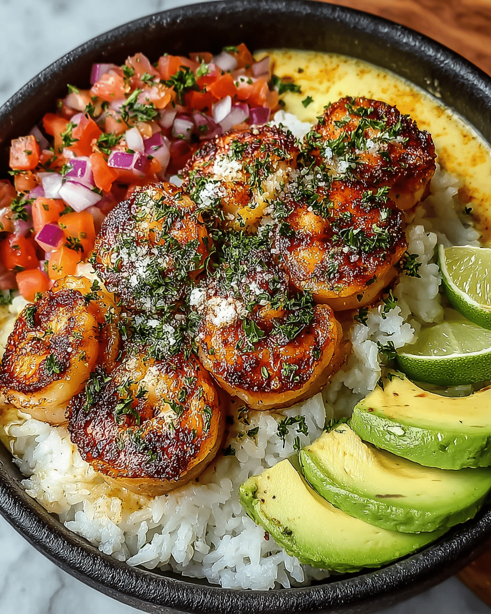 A round black bowl filled with a base layer of white rice topped with six grilled shrimp arranged closely together. The shrimp have a dark red seasoning and green herb garnish on top. Above the shrimp in the center is a small pile of diced red onions and white onions. To the left side, there is a colorful pico de gallo mixture of red tomatoes, green jalapeños, and chopped cilantro. On the right side, three thin lime slices and a fan of creamy avocado slices with green herbs are placed. The whole dish has a fresh, vibrant look and is placed on a white marbled surface. Photo taken with an iphone --ar 4:5 --v 7