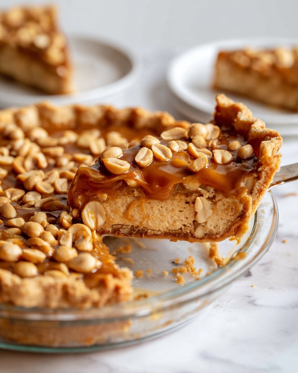 A close-up of a peanut caramel pie in a clear glass pie dish with a thick, crimped golden-brown crust around the edges, filled with a creamy peanut butter layer at the bottom, topped with a smooth caramel layer generously studded with whole peanuts evenly spread across the surface; one slice is slightly pulled out showing the distinct layers and texture with crumbs scattered on a white marbled surface, two white plates in the background each holding a slice of the pie, all softly lit in natural light. photo taken with an iphone --ar 4:5 --v 7