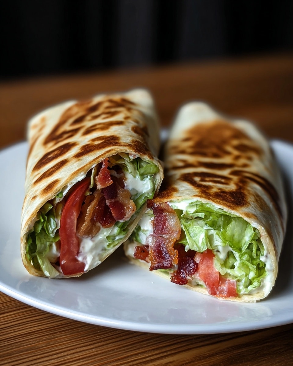 Two halves of a wrap sandwich are placed side by side on a white plate. Each wrap has three visible layers: the outer layer is a golden brown, slightly grilled tortilla with a toasted texture; inside, the top layer is light green leafy lettuce, followed by bright red tomato chunks and creamy white sauce; the innermost layer consists of crispy, reddish-brown bacon pieces. The plate rests on a wooden surface with a soft focus dark background. photo taken with an iphone --ar 4:5 --v 7