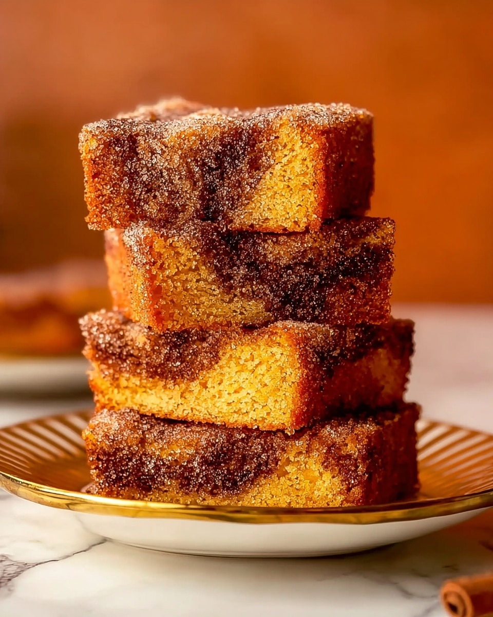 A close-up view of a stack of four square slices of brown cake coated with a layer of granulated sugar, making the surface sparkle. Each slice shows a slightly rough texture with small cracks and a soft inside that looks moist. The stack is placed on a white plate with a gold detailed rim, set on a white marbled surface. The background is blurred with warm orange and brown tones, adding to the cozy feeling. photo taken with an iphone --ar 4:5 --v 7