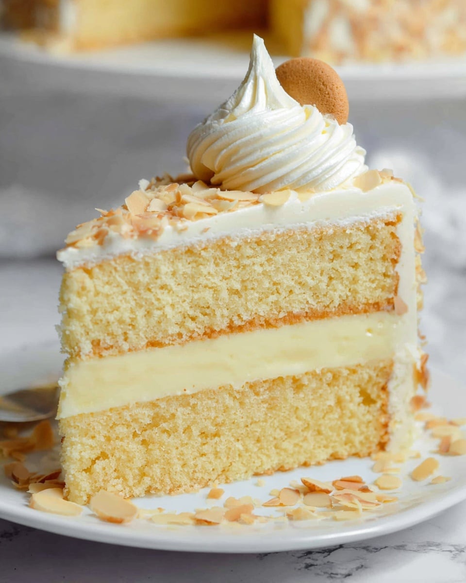 A slice of three-layer yellow cake is shown on a white plate, each layer separated by pale yellow creamy filling. The cake layers have a soft, airy texture with light brown tones. The top of the slice is covered with smooth white frosting, sprinkled with light toasted almond flakes, and topped with a swirl of whipped cream holding a small whole almond cookie. The background shows a blurred image of the rest of the cake on a white plate, all placed on a white marbled surface. photo taken with an iphone --ar 4:5 --v 7