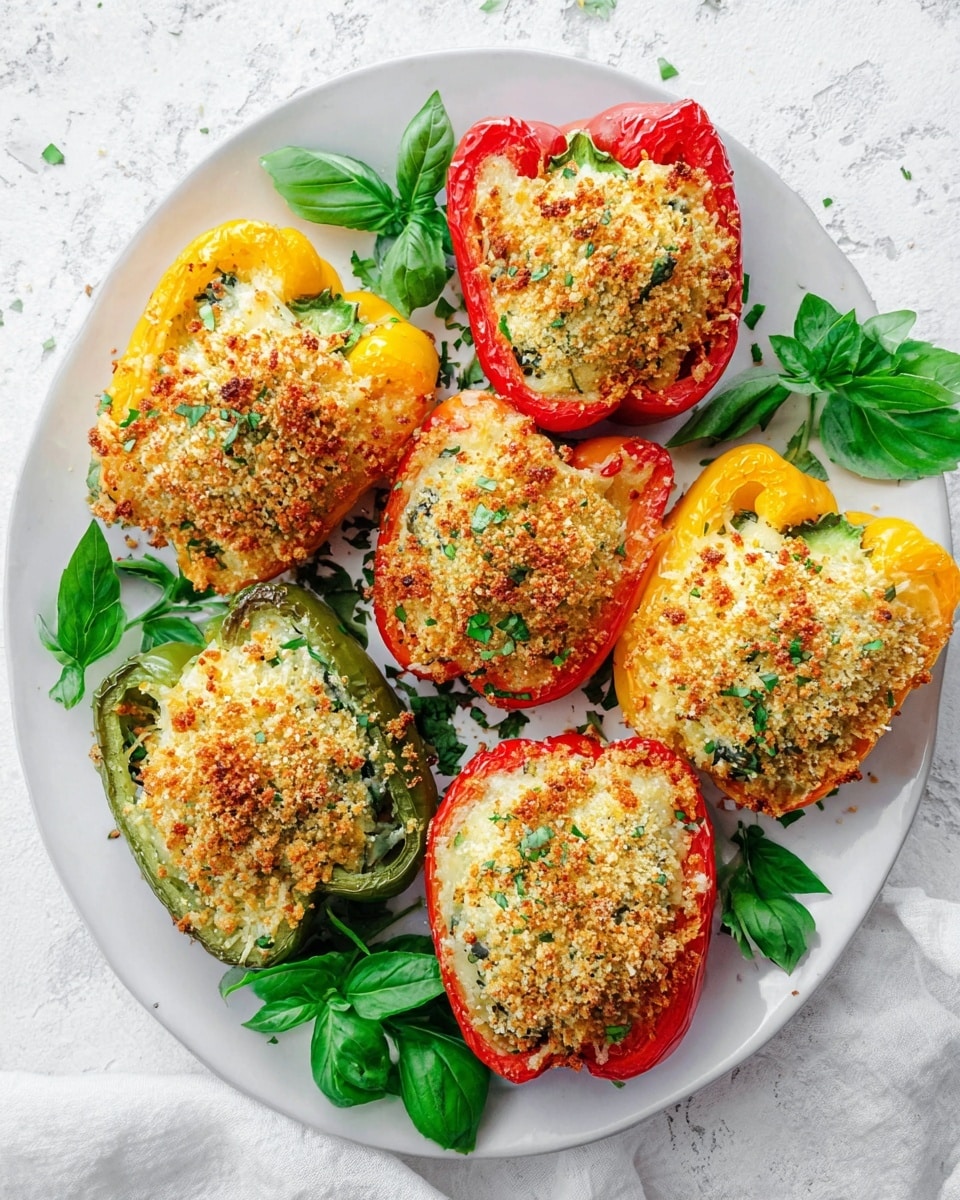 A white plate holds seven stuffed bell pepper halves arranged closely, with red, yellow, and green peppers visible. Each pepper is filled with a creamy mixture topped with a golden-brown breadcrumb crust that looks crispy and slightly browned. The filling contains green herbs or vegetables that peek through the crust. Fresh green parsley leaves are scattered between the peppers for decoration, all placed on a white marbled surface with a soft white cloth beneath the plate. photo taken with an iphone --ar 4:5 --v 7