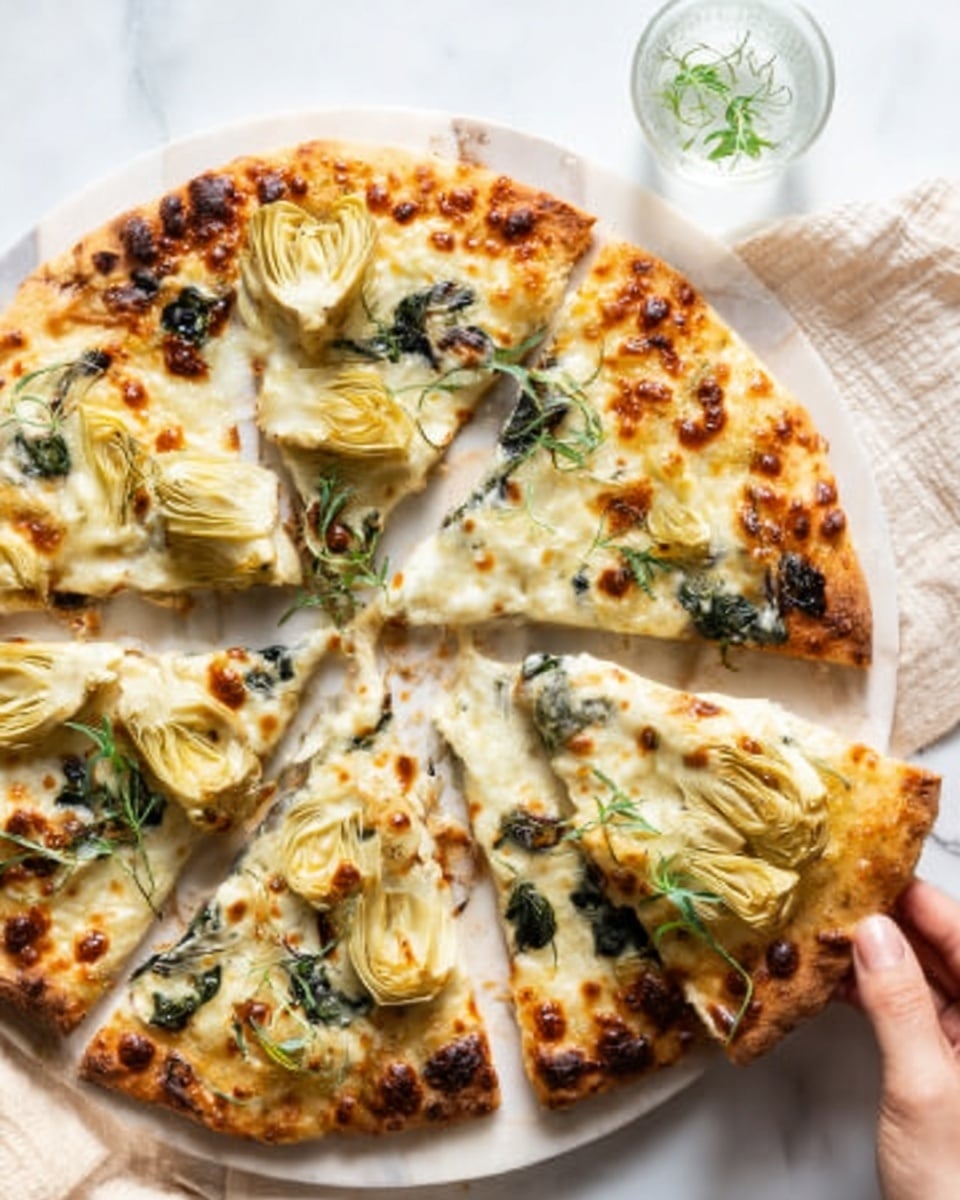 A close-up view shows a pizza sliced into pieces on a wooden board resting on a white marbled surface, with one slice being lifted by a woman's hand from the edge of the image; the pizza has a crust with golden brown and slightly charred spots, topped with melted creamy white cheese, artichoke hearts in light yellow, spinach leaves that are dark green, and small light green sprouts scattered on top, creating a rich texture and layered colors. photo taken with an iphone --ar 4:5 --v 7