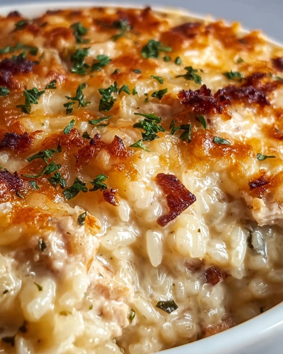The image shows a close-up of a creamy baked rice dish in a white bowl. It has two visible layers: the bottom layer is soft, cooked rice mixed with pieces of light-colored chicken, and the top layer is golden brown melted cheese with bubbly, slightly burnt spots. Small bits of green herbs are sprinkled over the top, adding a fresh contrast to the creamy white and golden cheese. The dish appears rich and smooth with a textured cheesy crust. The background surface is a white marbled texture. photo taken with an iphone --ar 4:5 --v 7