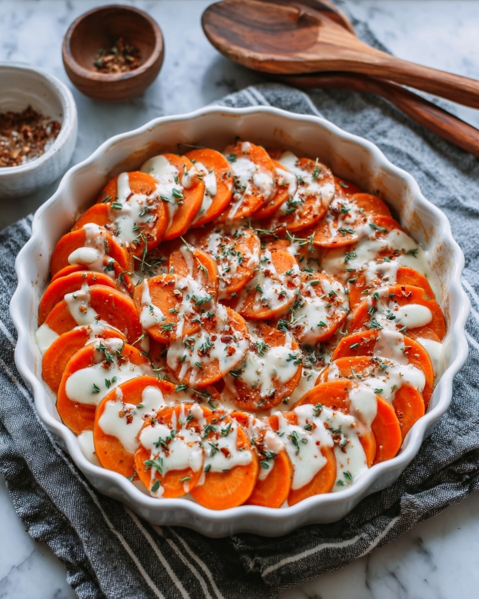 A white, round ceramic baking dish filled with thinly sliced orange sweet potatoes arranged in overlapping layers, covering the entire dish. The sweet potatoes are topped with a drizzle of white creamy sauce and small green herb pieces sprinkled on top. The texture of the sweet potatoes looks soft and slightly caramelized. The dish is set on a blue and white striped cloth, with a wooden surface and white marbled texture around it. Photo taken with an iphone --ar 4:5 --v 7