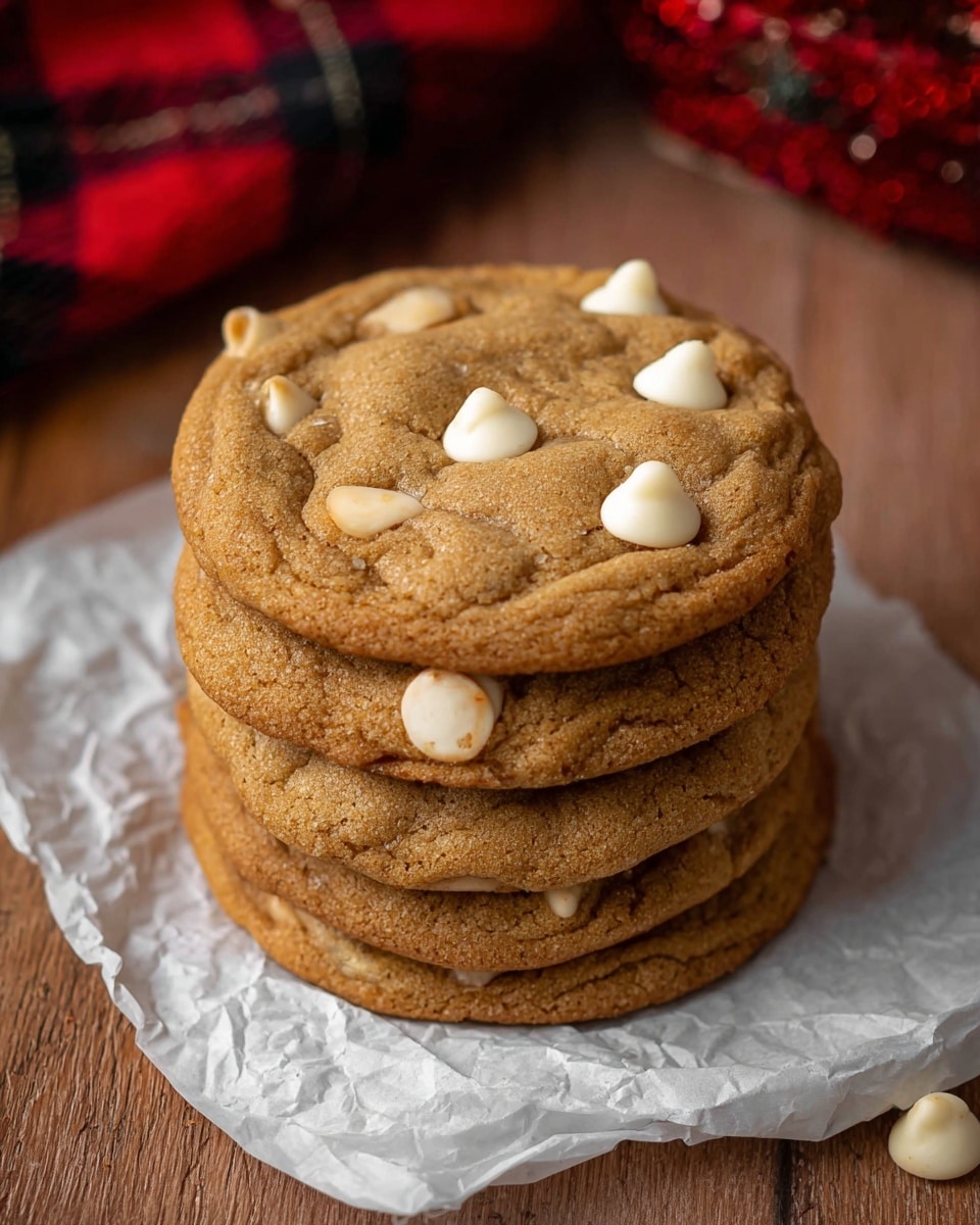 A close-up view of a stack of four large, soft cookies with a light brown color, each cookie thick and slightly cracked on the surface. The top cookie is decorated with scattered white chocolate chips that are smooth and round, some slightly melted and shiny. The stack rests on a white square paper placed on a wooden surface, with a blurred red and black cloth in the background and a white container hinting at the left edge. The whole scene is set on a white marbled texture. photo taken with an iphone --ar 4:5 --v 7