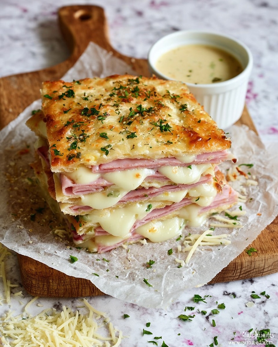 The image shows a sandwich cut into two thick square pieces stacked on top of each other. The sandwich has three layers of golden, toasted flatbread with a slightly crispy texture and sprinkled with grated cheese and green herbs on top and around the edges. Between each bread layer, there is a thick, creamy layer of melted white cheese and thin slices of pink ham, with some cheese oozing out slightly. The sandwich is placed on a rough wooden surface covered with parchment paper, with scattered grated cheese and herbs around it. To the side, there is a small white bowl filled with a creamy, light beige sauce on a white marbled background. Photo taken with an iphone --ar 4:5 --v 7
