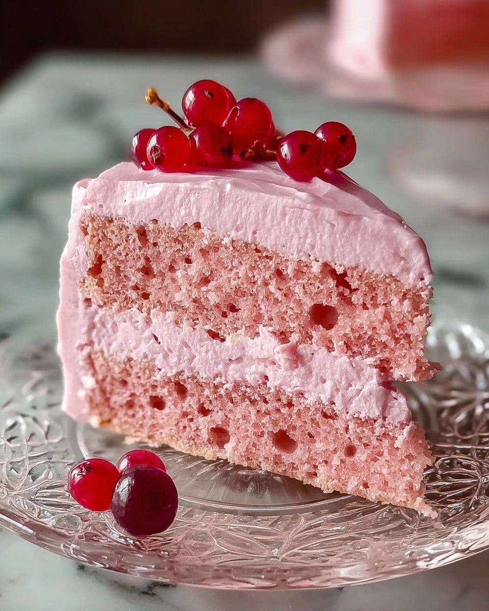 A slice of three-layer pink cake is shown on a clear glass plate with white patterned details. Each light pink cake layer is moist and fluffy, separated by smooth pink frosting that is also spread thickly on top. On the top center of the slice, a small pile of glossy red berries adds a shiny and fresh touch. One berry sits on the plate near the base of the cake. The background is softly blurred with a white marbled texture beneath the plate. Photo taken with an iphone --ar 4:5 --v 7