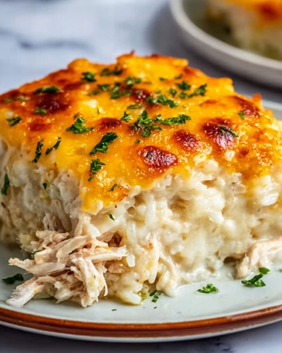 A close-up of a creamy baked casserole slice on a white plate with a thin brown rim. The dish has at least three visible layers: a base layer of tender rice mixed with shredded chicken in a pale creamy sauce, a middle layer that looks soft and dense with more chicken pieces mixed in, and a top layer of golden brown melted cheese with small crispy spots. The casserole is sprinkled with finely chopped green herbs on top and around the plate edges. The background shows a white marbled texture. photo taken with an iphone --ar 4:5 --v 7