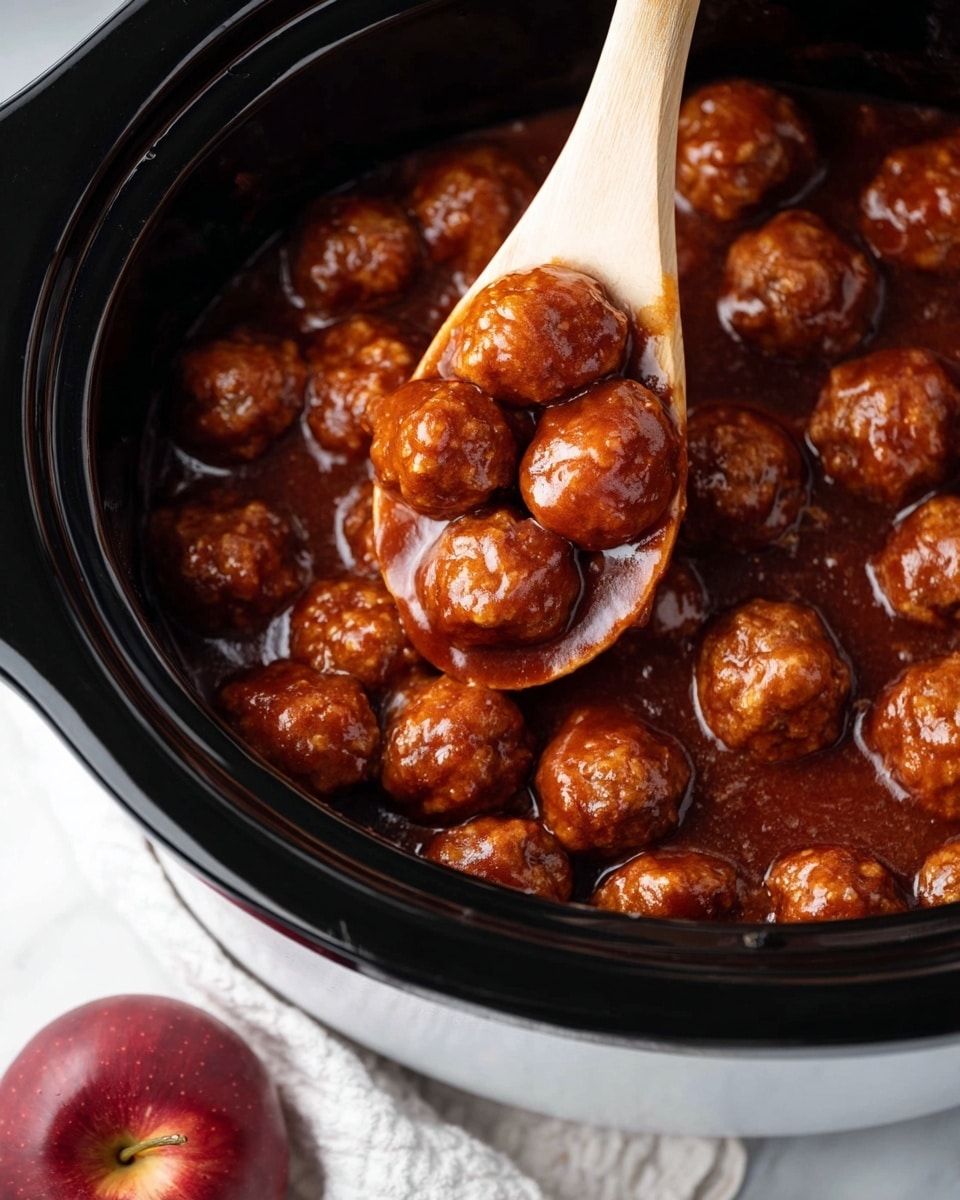 A close-up image shows many small meatballs covered in a thick, glossy reddish-brown sauce inside a black slow cooker. A white spoon with a wooden handle scoops some of the meatballs, with the sauce clinging to them, revealing their light brown texture underneath. In the lower right corner, a red apple sits on a white marbled surface. The overall view focuses on the meatballs and sauce in the slow cooker, showing the shiny, saucy coating clearly. photo taken with an iphone --ar 4:5 --v 7