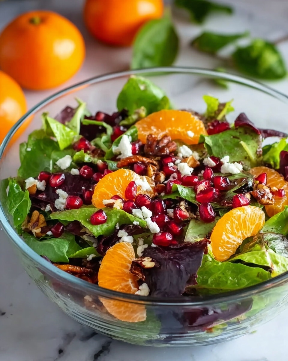 A clear glass bowl filled with a fresh salad showing multiple layers: the base layer has dark green baby spinach and mixed leafy greens with a slightly glossy texture, followed by evenly spread bright orange mandarin slices, scattered deep red pomegranate seeds, and small white crumbles of cheese on top. Small brown nut pieces are also sprinkled throughout, adding a crunchy look. The bowl sits on a white marbled textured surface with an orange and green leaves in the background. Photo taken with an iphone --ar 4:5 --v 7