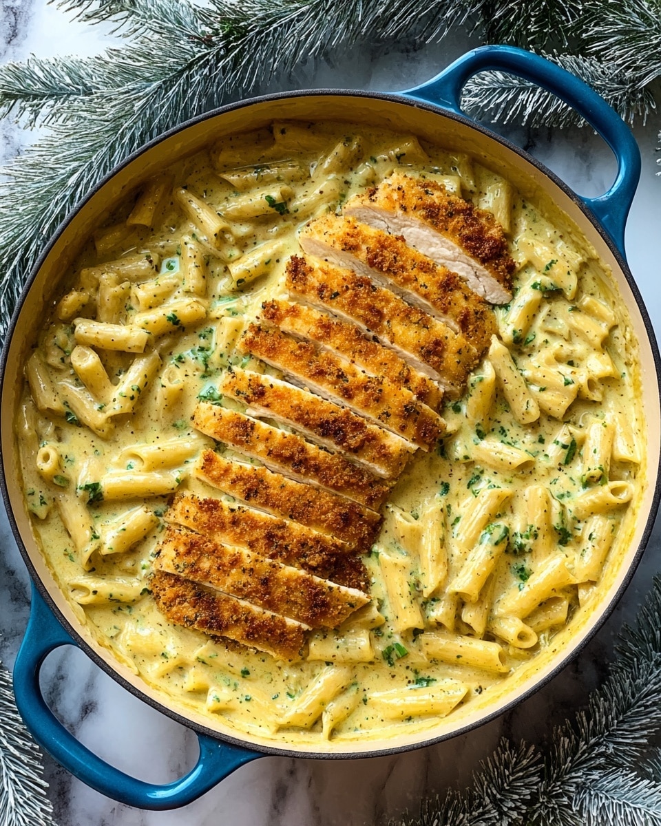 A blue pot filled with creamy yellow pasta sauce mixed with penne pasta scattered throughout, speckled with green herbs and black pepper. On top, near the center, sits a sliced golden brown breaded chicken cutlet arranged in several even strips, showing the white inside of the chicken. The pot sits on a white marbled surface with some white frosted pine branches around its edges. Photo taken with an iphone --ar 4:5 --v 7