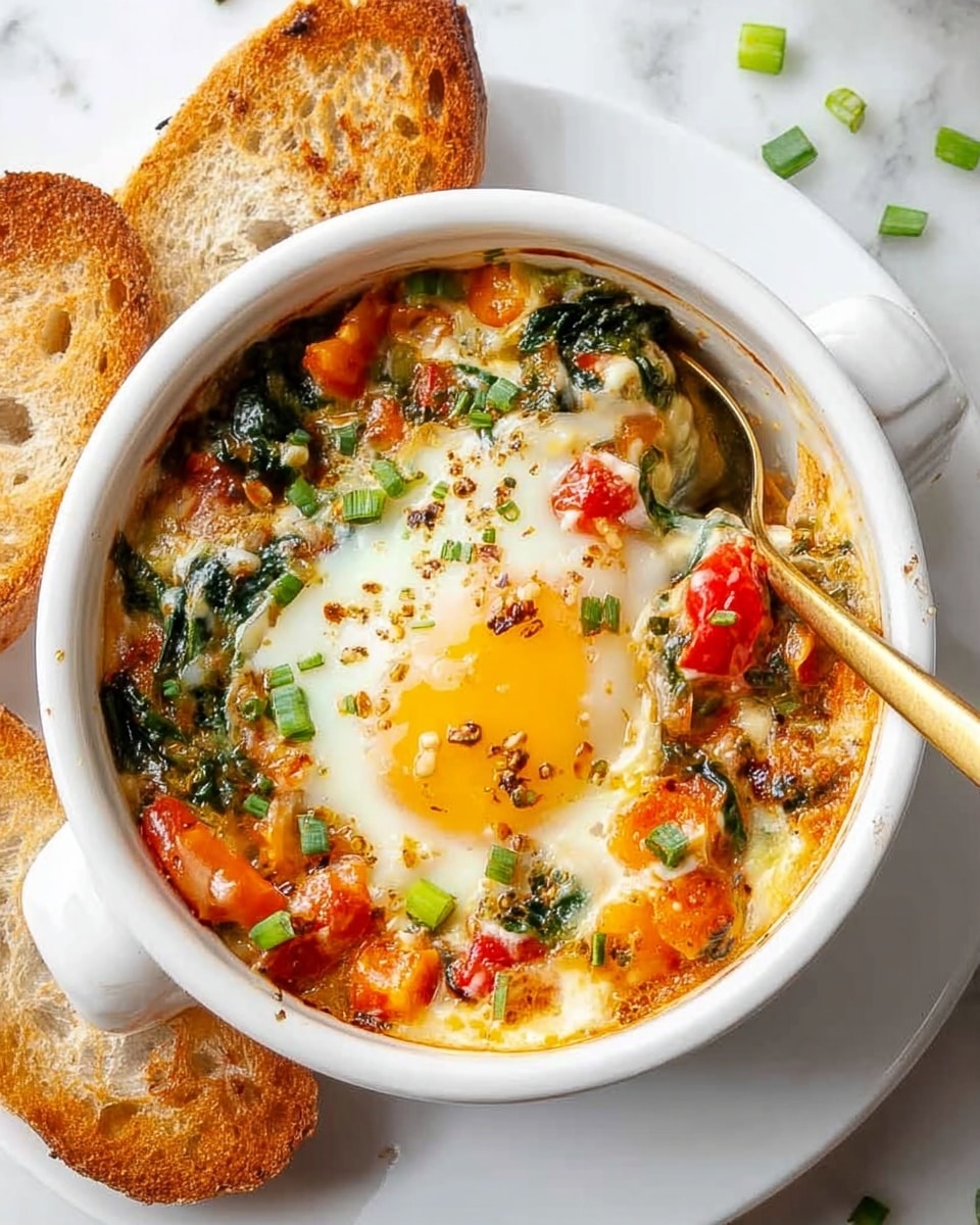A round white bowl filled with a baked dish showing two cooked eggs with bright orange yolks and white whites slightly set, surrounded by a creamy mixture of melted cheese and chunks of red tomatoes, green spinach, and scattered green onion pieces on top. The dish has a warm yellow and orange color with some browned spots on the edges. A golden spoon is scooping a portion from the side. The bowl sits on a white plate with slices of toasted bread nearby, all placed on a white marbled surface. photo taken with an iphone --ar 4:5 --v 7