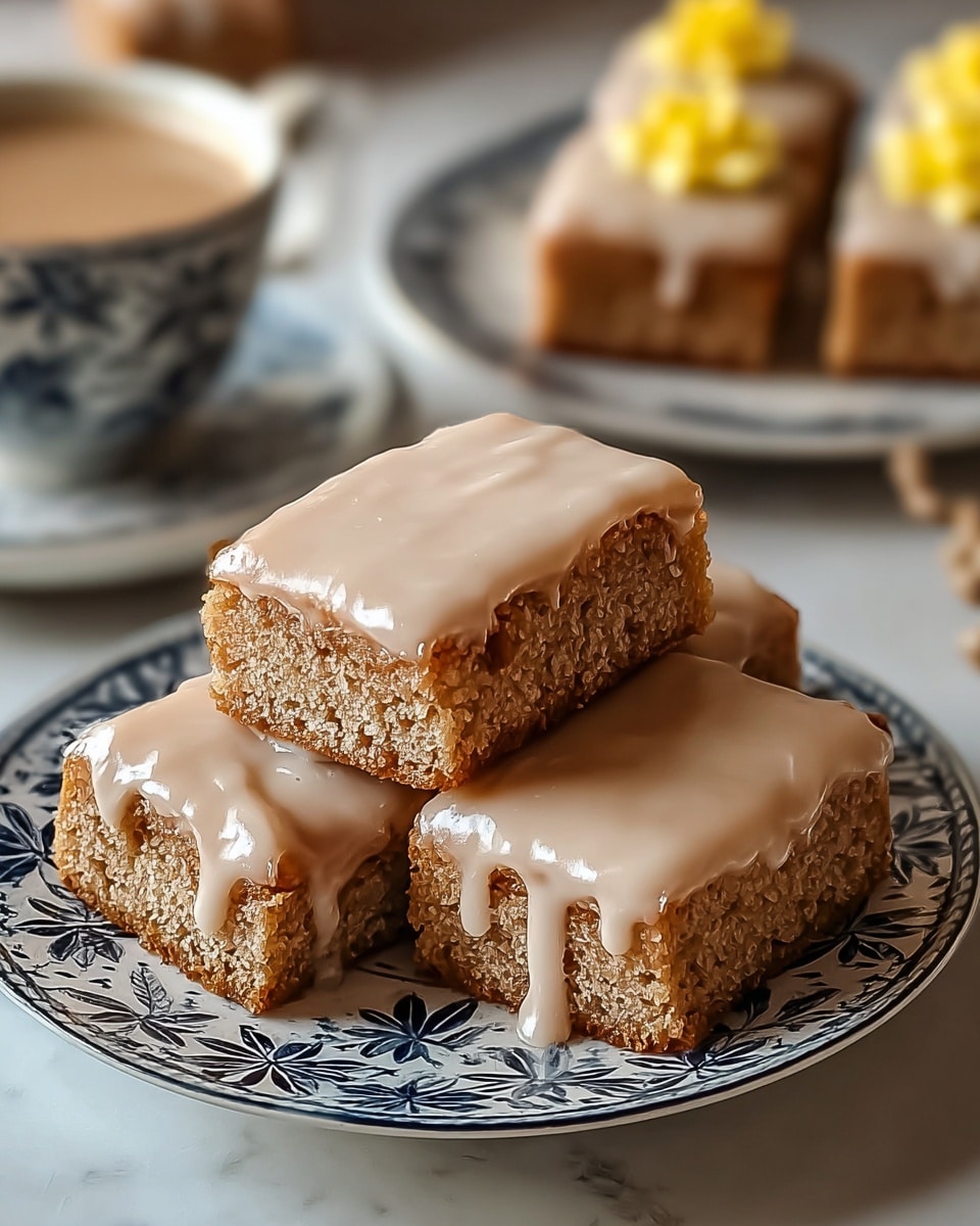 Four rectangular cake bars are stacked in layers on a white plate with blue floral patterns, each bar covered with a thick, smooth, light beige glaze that drips slightly down the sides, showing a dense, moist, golden-brown cake layer underneath. The plate rests on a white marbled surface with a blurred white cup of coffee in the background and another plate of similar bars slightly out of focus. Photo taken with an iphone --ar 4:5 --v 7