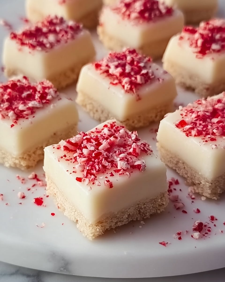 The image shows several small square-shaped white dessert bites arranged closely on a white marbled surface. Each piece has two visible layers: a bottom crust layer that is light brown and crumbly in texture, and a thick, smooth, creamy white top layer. The creamy top layer is decorated with small red and white crushed candy bits sprinkled generously on top, adding a festive look. The desserts are evenly spaced and appear soft and smooth, with a slight shine. photo taken with an iphone --ar 4:5 --v 7