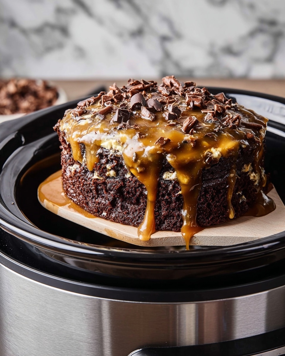 A close-up image shows a chunky scoop of moist dark chocolate cake with three visible layers: a dark brown cake base, a thick white cream layer with a smooth texture, and a top creamy layer mixed with caramel sauce that drips slightly down the sides. On the top, there are small pieces of chopped nuts scattered, adding texture and a light brown color contrast. The spoon holding the cake is light wood, and it is lifted from a black slow cooker pot filled with more of the cake mixture, with visible layers of dark chocolate, creamy white, and golden caramel. The background features a soft white marbled texture. Photo taken with an iphone --ar 4:5 --v 7