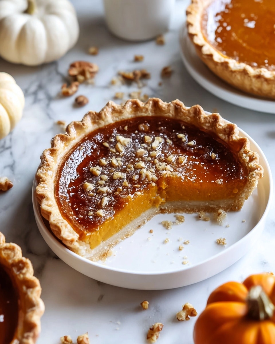 The image shows a pumpkin pie with one slice removed, placed in a white pie dish on a white marbled surface. The pie has a golden-brown crust with a crimped edge and a glossy, caramelized orange-brown filling on top, with darker brown spots from the caramelization. Pie crumbs and a bit of syrup are scattered inside the dish where the slice is missing. Around the pie are autumn leaves and bits of crumb topping, along with a small pumpkin in the lower left corner. Nearby, there is a dessert cup filled with whipped cream and a crumb topping next to a small glass of syrup. Photo taken with an iphone --ar 4:5 --v 7