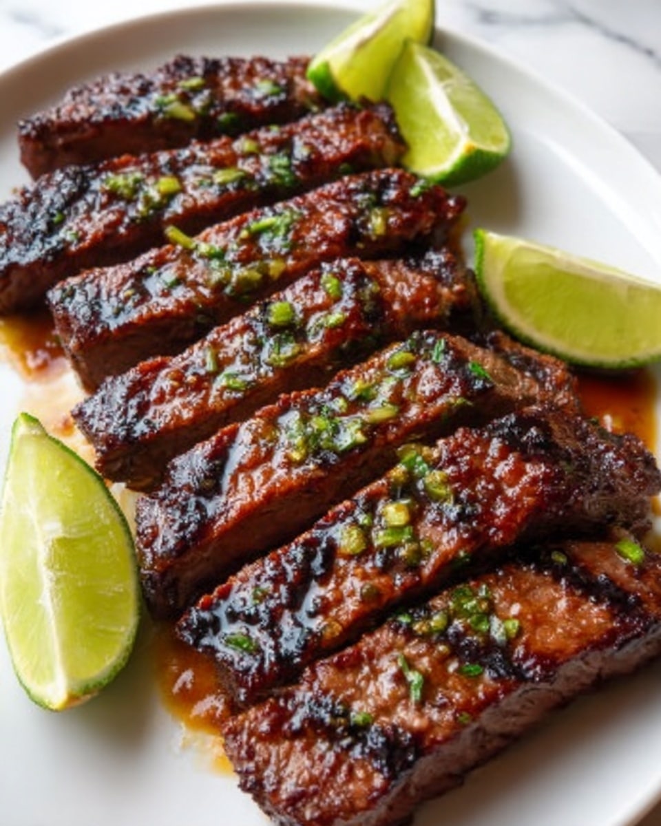 The image shows several slices of grilled steak arranged side by side on a white plate, each slice with a slightly charred, dark brown crust and juicy, reddish-pink inside. The steak has a glossy texture from a glaze or sauce, and small green herbs are sprinkled on top for color. On one side of the plate, there are bright green lime wedges adding a fresh contrast. The plate sits on a white marbled surface. The photo is taken with an iphone --ar 4:5 --v 7