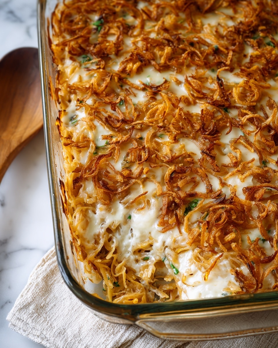 A close-up view of a baked casserole in a clear glass baking dish with a green rim, featuring a top layer of golden-brown crispy fried onions spread evenly over a melted layer of creamy white cheese. Underneath, tender noodles mixed with small pieces of chicken are visible, with creamy sauce binding the layers together. The edges of the dish show some browning from baking, and a wooden spoon rests beside the dish on a white marbled surface. Photo taken with an iphone --ar 4:5 --v 7