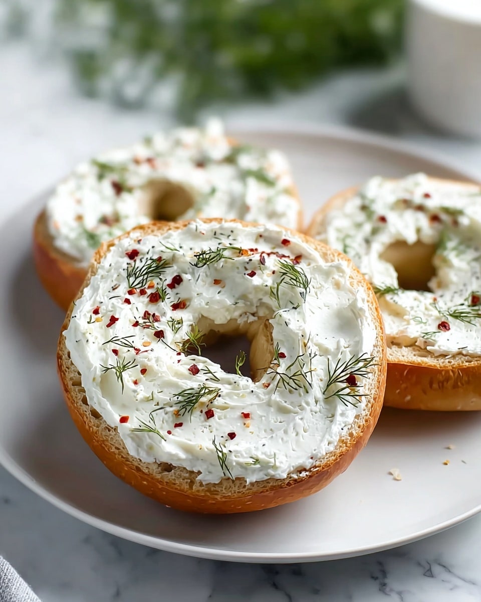 A white plate holds two halves of a sliced bagel topped thickly with white cream cheese. The cream cheese layer is smooth and creamy, sprinkled generously with small green dill leaves and tiny red chili flakes, adding color contrast. The bagel has a golden-brown crust with visible poppy and sesame seeds along the edge, and a soft light beige inner texture. The background shows a white marbled surface with hints of greenery blurred out. photo taken with an iphone --ar 4:5 --v 7