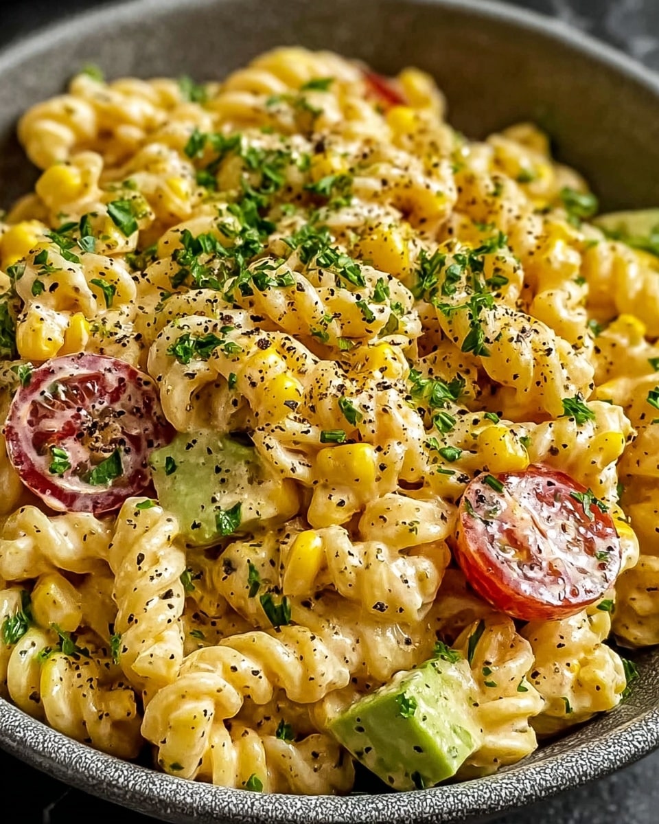 The image shows a close-up of a bowl filled with creamy, spiral-shaped pasta that is light yellow in color and coated with a smooth sauce. Mixed into the pasta are pieces of bright yellow corn, light green avocado chunks, and slices of light red cherry tomatoes. Fresh green herbs are sprinkled on top, adding a pop of color and texture. The bowl is white and sits on a white marbled surface, enhancing the vivid colors of the dish. The overall look is fresh and creamy with varied textures from the pasta, vegetables, and herbs. Photo taken with an iphone --ar 4:5 --v 7