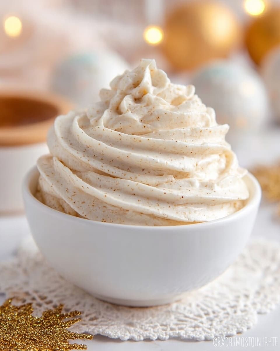 A white round bowl filled with a tall swirl of creamy, light whipped topping, smooth with small specks visible throughout, placed on a glittery gold snowflake decoration on a white marbled surface, with blurred festive decorations in the background. Photo taken with an iphone --ar 4:5 --v 7