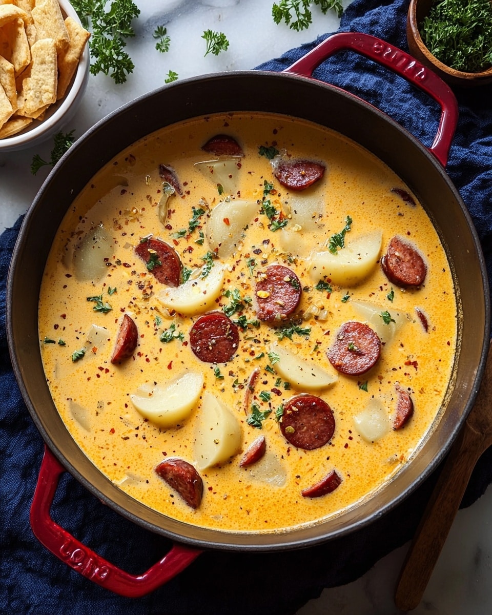 A large pot filled with creamy orange soup forms the base, dotted with yellow potato slices and red sausage pieces scattered evenly on the surface. The soup has small green parsley bits sprinkled throughout and is speckled with black pepper, adding texture to the smooth broth. The pot has a red handle visible on the right side, sitting on a white marbled surface. Around the pot, green parsley leaves and a white bowl with light beige crackers can be seen, adding freshness and texture to the image. A blue cloth peeks in from the lower right corner. photo taken with an iphone --ar 4:5 --v 7