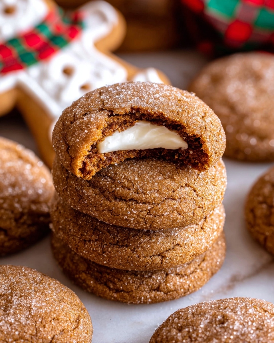A stack of four soft, round cookies with a light brown color and a sugar-dusted, slightly cracked surface sits on a white marbled background; the top cookie has a bite taken out, revealing a creamy white filling inside, creating two layers – the outer cookie layer and the inner smooth filling layer; around the stack, there are more similar cookies, and a red and green plaid ribbon adds a festive touch, with more blurred decorations in the background; photo taken with an iphone --ar 4:5 --v 7