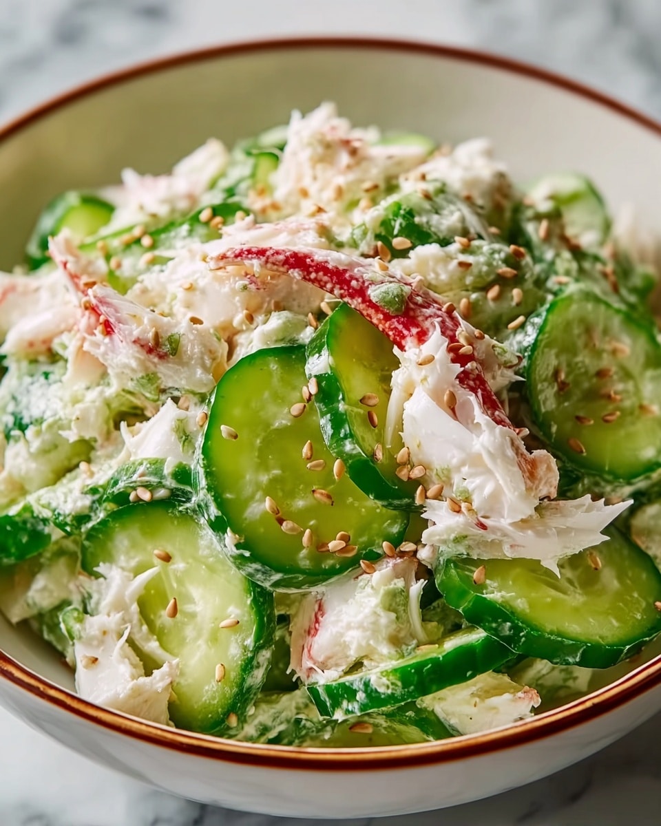 A close-up view of a white bowl filled with a fresh salad made of thinly sliced green cucumbers layered throughout, mixed with white shredded crab meat that has hints of red from crab legs, all topped with scattered light brown sesame seeds, creating a mix of green, white, and a touch of red colors with a slightly creamy texture holding the ingredients together, set on a white marbled surface. photo taken with an iphone --ar 4:5 --v 7
