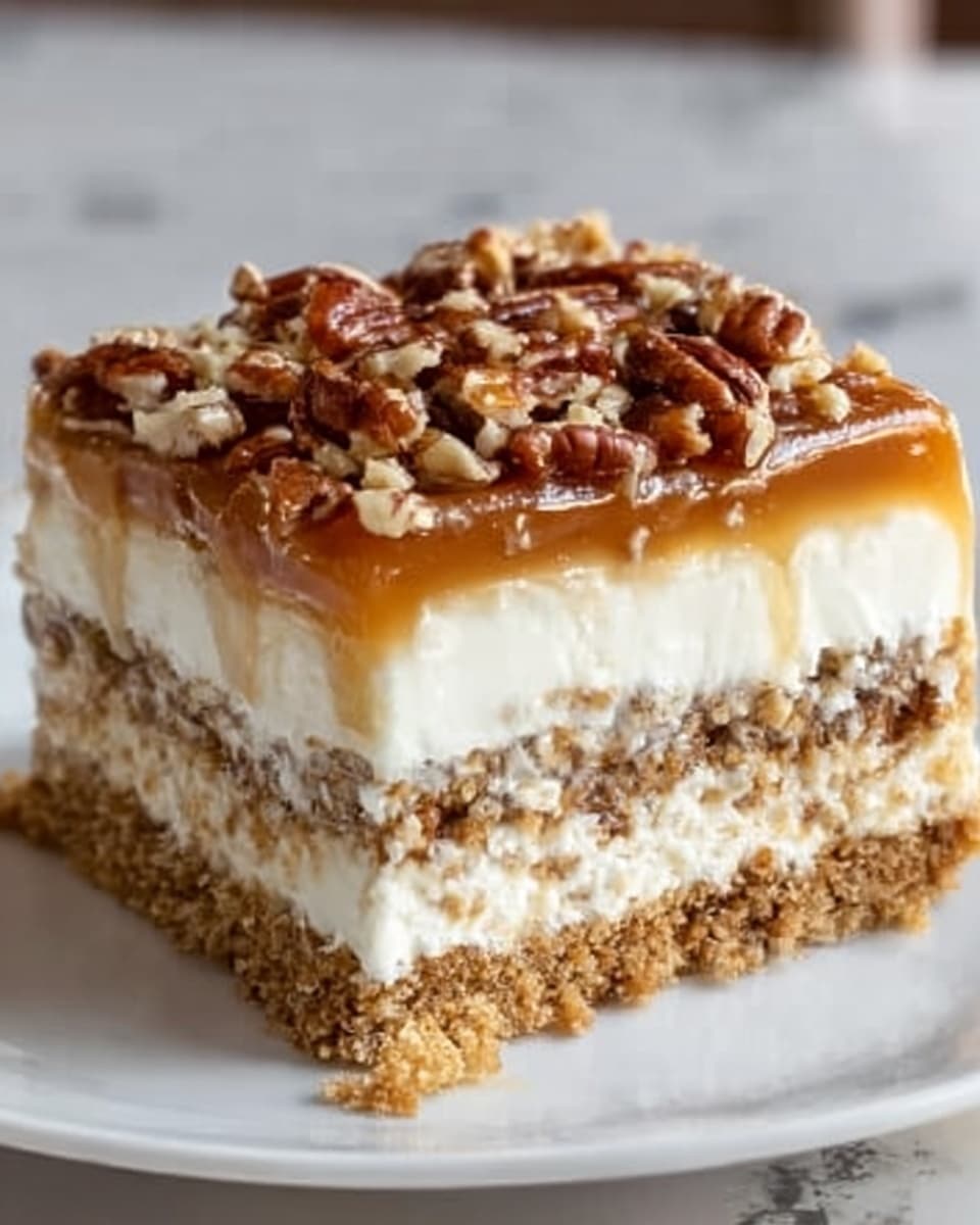 A square dessert bar is shown with four visible layers on a white plate. The bottom layer is a thick, crumbly light brown crust. Above that is a soft, creamy white layer mixed with bits of light brown inside, giving a swirled texture. The third layer is a smooth, thick white cream that covers the whole bar evenly. The top layer is a generous pile of shiny, dark brown pecans with a glossy caramel sauce dripping over them and slightly down the sides. The dessert sits on a white marbled surface. Photo taken with an iphone --ar 4:5 --v 7