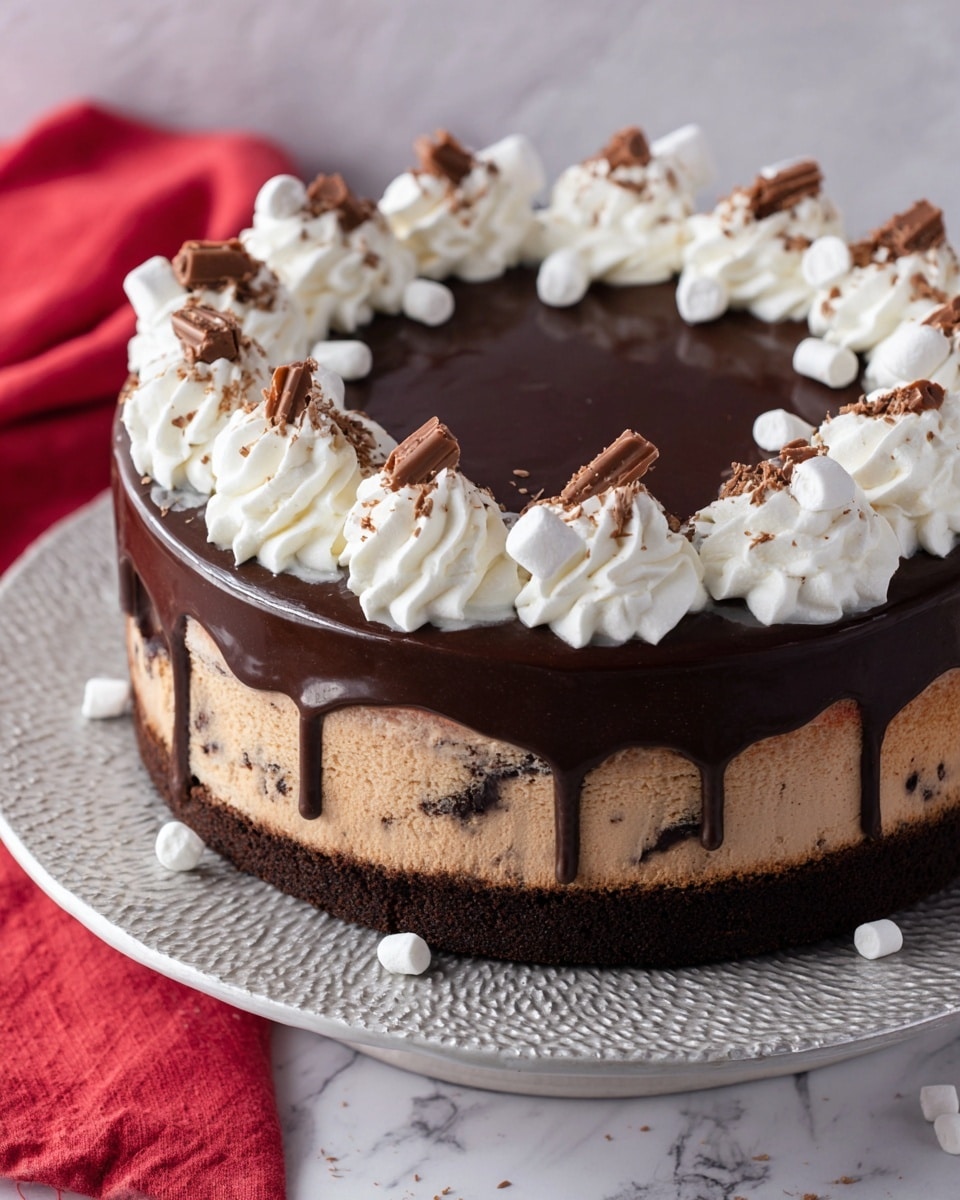 The image shows a round layered cake with three visible layers: a dark crumbly black base, a light brown creamy middle layer, and a glossy dark chocolate top layer with chocolate drips along the edge. On top of the cake, there are eight evenly spaced white swirls of whipped cream, each topped with small chocolate curls and a few marshmallows. The cake is placed on a white plate with a slightly textured surface, which sits on a white marbled texture background with a hint of a red cloth underneath. Photo taken with an iphone --ar 4:5 --v 7