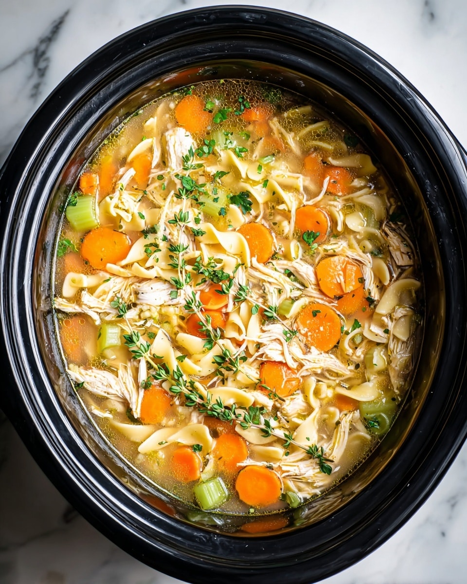 The image shows a black slow cooker filled with chicken noodle soup, placed on a white marbled surface. The soup has several layers visible from the top: a clear yellow broth at the base, chunks of shredded white chicken meat spread evenly, bright orange carrot slices, and light green celery pieces. There are also small yellowish egg noodles scattered throughout the soup. Fresh green thyme sprigs garnish the top, adding a touch of color and texture. The surface of the soup has a slight sheen from the broth. Photo taken with an iphone --ar 4:5 --v 7