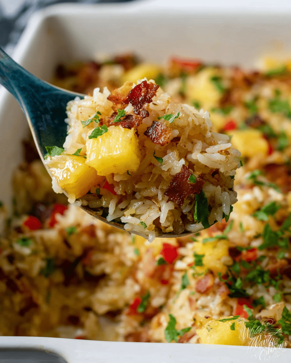 A close-up of a blue spoon holding a scoop of rice dish with visible layers of yellow pineapple chunks, small pieces of red onion, and brown bits of cooked meat, set over a bed of fluffy white rice mixed with green herbs and red bell peppers. The rice and other ingredients fill a white rectangular ceramic dish placed on a white marbled surface, and a woman's hand is lifting the spoon. The background shows more of the mixed rice with scattered fresh chopped green herbs. photo taken with an iphone --ar 4:5 --v 7