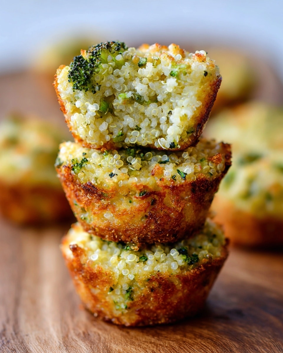 The image shows a close-up view of three stacked quinoa and broccoli muffins on a wooden surface, with more muffins blurred in the background. Each muffin has a rough outer texture with golden-brown edges and visible small broccoli pieces scattered throughout the light yellow quinoa base. The muffins appear crispy around the top edges, with a soft and grainy interior of cooked quinoa and green broccoli bits mixed in. The overall shape is round and slightly uneven, showing the natural texture of the baked mixture. photo taken with an iphone --ar 4:5 --v 7