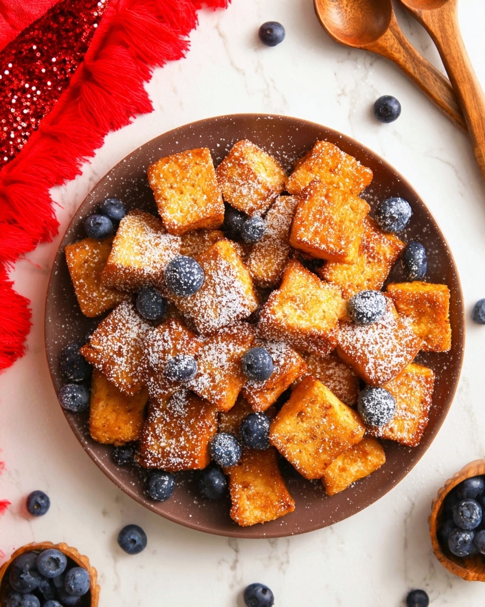 The dish shows a deep brown round plate filled with about 20 small square pieces of golden-brown fried bread, dusted with a fine white powdered sugar. Scattered on top and around the bread pieces are plump, fresh blueberries adding a dark blue contrast. The plate sits on a white marbled surface, with a bright red fringed cloth partially visible on the upper right corner, and some wooden spoons on the right side. There are also a few more blueberries and slices of bread placed around the plate. The lighting highlights the texture and crispiness of the fried bread. photo taken with an iphone --ar 4:5 --v 7