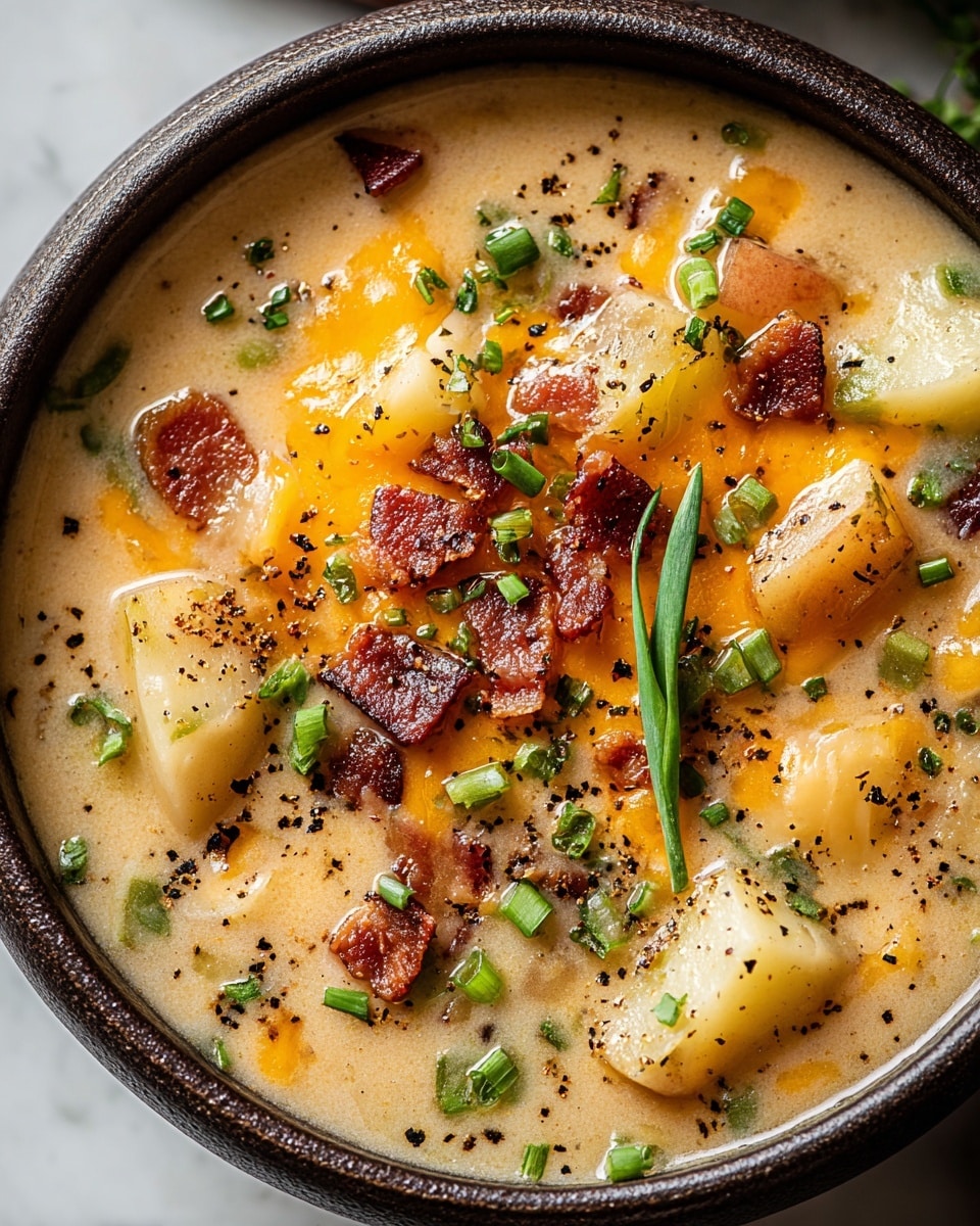 A bowl of creamy potato soup fills a dark brown round bowl placed on a white marbled surface. The soup has a creamy, light beige base with small chunks of pale yellow potatoes scattered throughout. On top, melted orange cheddar cheese creates a glossy layer with some areas more concentrated. Crispy, reddish-brown bacon bits are sprinkled generously along with finely chopped bright green scallions. Specks of black pepper add texture and color contrast across the surface. The soup looks rich and hearty with a mix of smooth and chunky textures. photo taken with an iphone --ar 4:5 --v 7