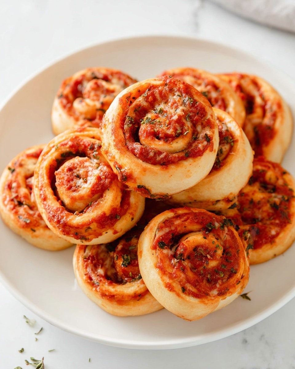 A white plate holds a pile of seven golden-brown pizza pinwheels, each with a visible spiral of light, soft dough and bright red tomato sauce layered with darker spots of baked pepperoni and green herbs sprinkled on top. The pinwheels’ edges are slightly crisp with small browned patches, showing the texture of baked dough, and they are stacked unevenly, forming a small mound. The background is a white marbled texture. Photo taken with an iphone --ar 4:5 --v 7