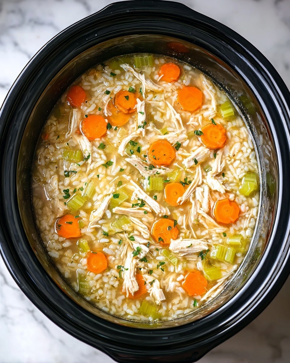 A close-up view of a black slow cooker filled with chicken rice soup, showing three main layers: shredded pale cream chicken pieces scattered evenly on top, small bright orange carrot slices mixed with light green celery chunks in the middle, and white rice grains spread throughout the clear broth that has a slight golden tint, garnished with small bits of green herbs. The slow cooker sits on a white marbled surface, making the colors of the soup stand out vividly. Photo taken with an iphone --ar 4:5 --v 7