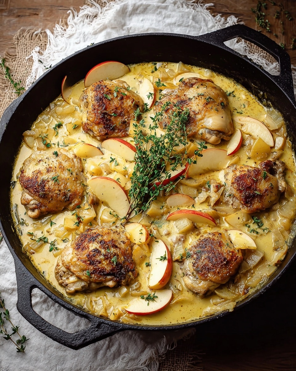 The image shows a black cast-iron skillet filled with six browned chicken thighs as the top layer, each with crispy skin and golden color. Below and around the chicken, there are slices of yellow potatoes and thin-cut onions in a creamy, light tan sauce that fills most of the skillet. A sprig of fresh green thyme rests in the center on top of the chicken, adding a touch of fresh herb color. The skillet sits on a white marbled surface, with a bit of dark brown wood showing around the edges. photo taken with an iphone --ar 4:5 --v 7